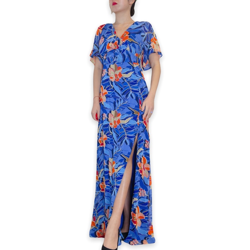 4SI3NNA Anthro Funky Tropical Print Side Silt Aleena Maxi Dress Size S